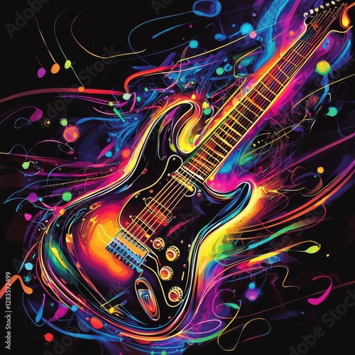Electric Guitar Symphony: A vibrant electric guitar, surrounded by a kaleidoscope of colorful sound waves and musical notes against a dark backdrop, embodying the energy and passion of music.