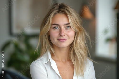 Free Download A young Caucasian woman with blonde hair and striking blue eyes smiles warmly in a cozy indoor setting. - GFXLoad