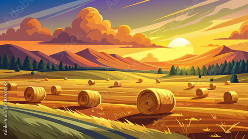 Field of freshly bales of hay with beautiful sunset