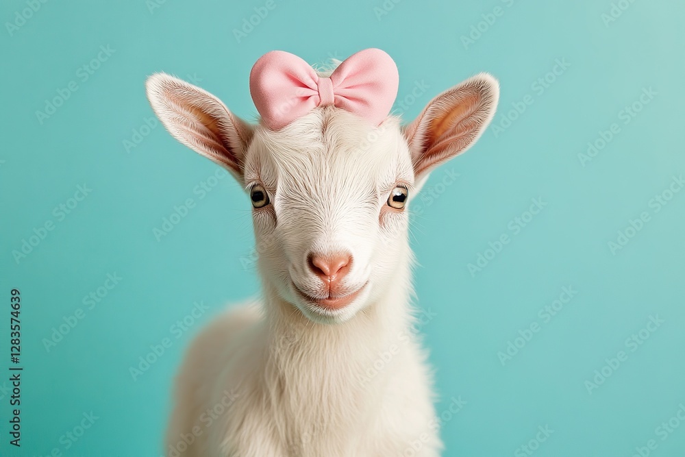 portrait lovely white baby goat wearing a pink bow on head on a light teal background portrait lovely white baby goat wearing a pink bow on head on a light teal background