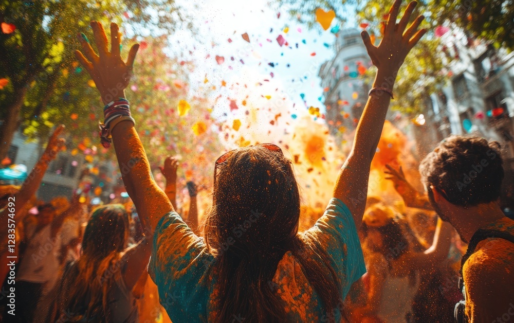 Obraz premium Colorful Holi festival celebration, city street, confetti, joy