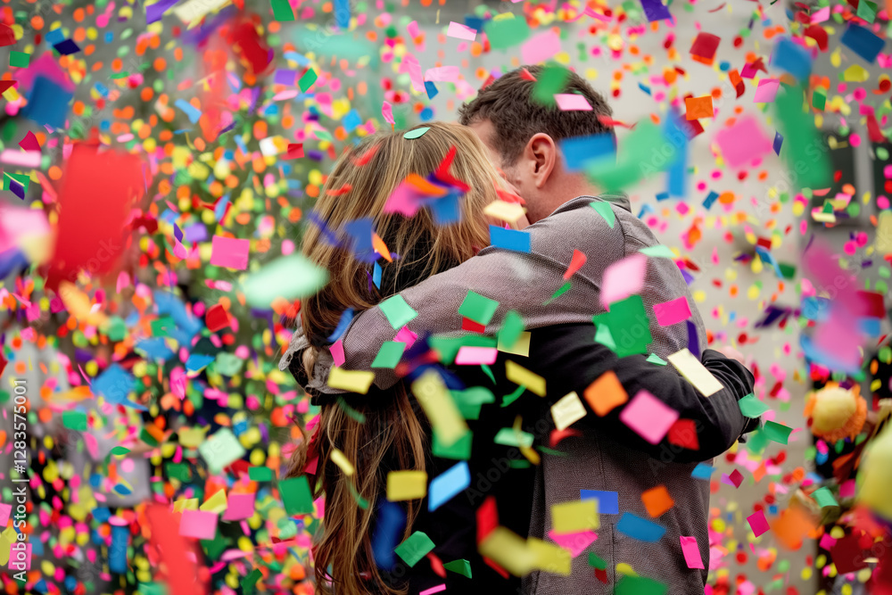 Obraz premium Young couple embracing amid vibrant confetti celebration