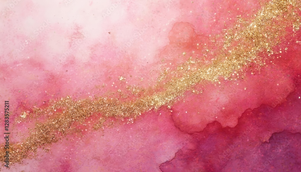 Obraz premium Vibrant festive pink background with golden glitter accents. Artistic feel with colorful tones. Decoration with beauty, sparkle, shimmer, luxury, creative modern design. Alluring, eye-catching