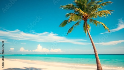 Wallpaper Mural Serene Tropical Beach with Vintage Vibes and Palm Tree Under Vibrant Blue Sky Torontodigital.ca