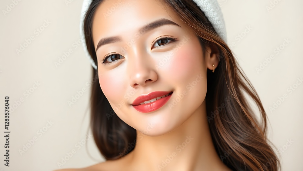 Fototapeta premium Radiant Asian Woman with Fresh Skin – Beauty, Skincare, and Spa Portrait