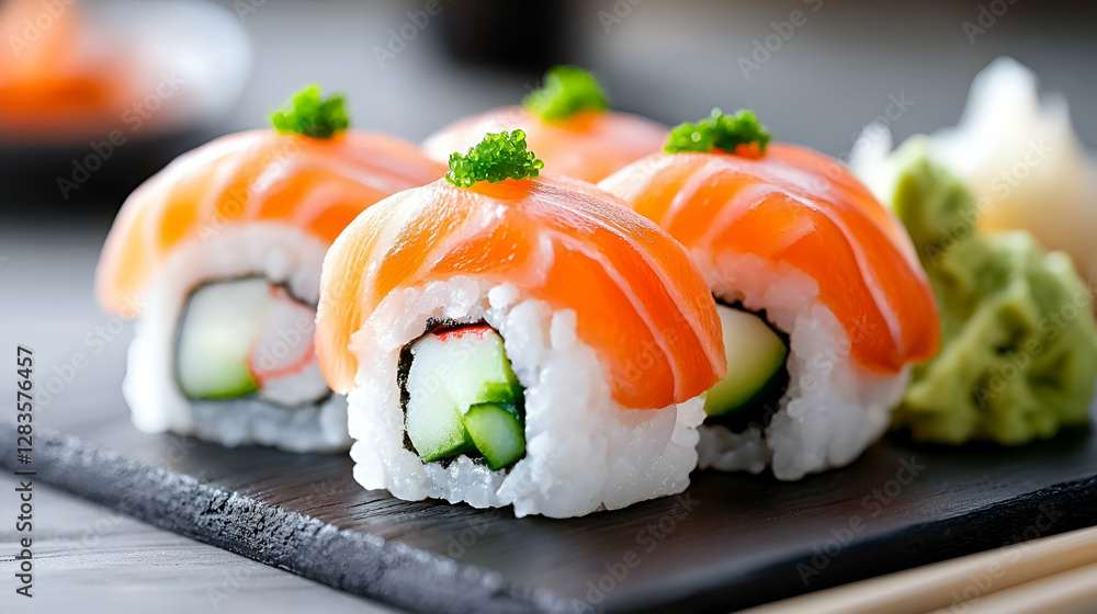 Closeup of Delicious Salmon Sushi Nigiri on Dark Plate Closeup of Delicious Salmon Sushi Nigiri on Dark Plate