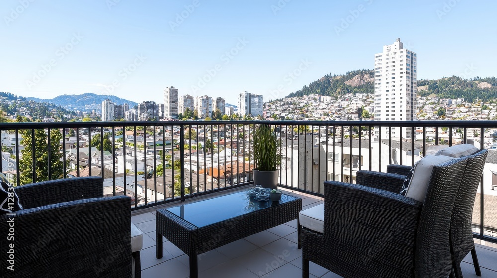 Fototapeta premium Cityscape Balcony View: Relaxing Outdoor Furniture
