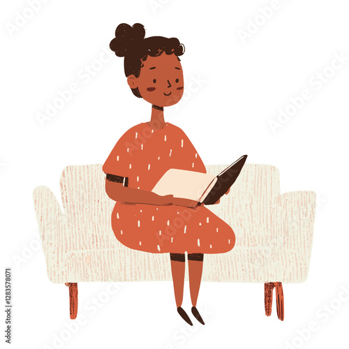 Woman useing taplet on light gray sofa illustration illustrated minimalist vector