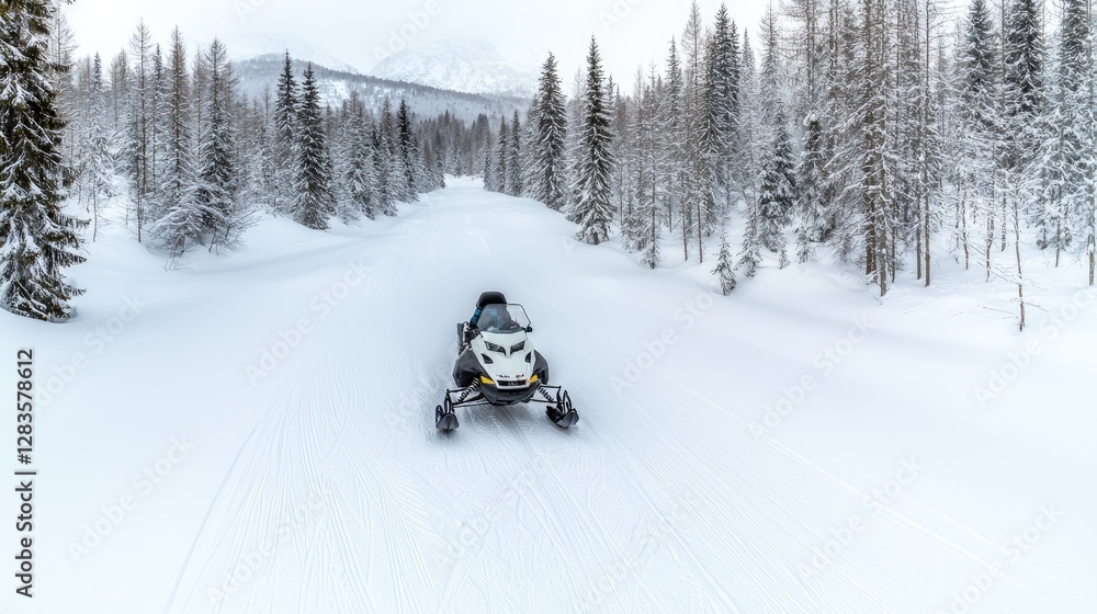 Snowmobile Tracks Through Snowy Forest Landscape Snowmobile Tracks Through Snowy Forest Landscape