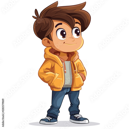 Cute little boy in winter clothes. Cartoon character vector illustration.
