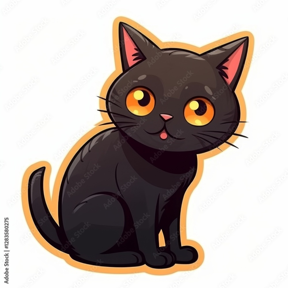 Black Cartoon Cat Sitting With Orange Eyes Looking Cute And Friendly With Pink Tongue Out Black Cartoon Cat Sitting With Orange Eyes Looking Cute And Friendly With Pink Tongue Out