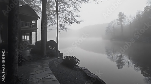 Lake House Beside Still Water Shrouded in Morning Fog Black and White photo