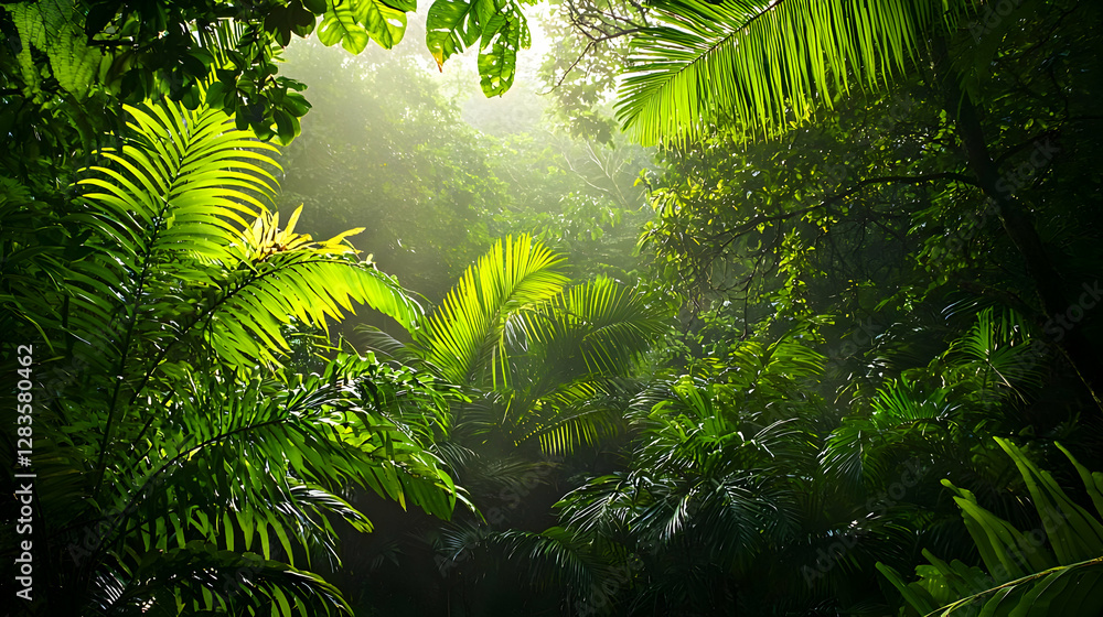 Fototapeta premium Lush Green Forest Canopy with Bright Sunlight Streaming Through Leaves