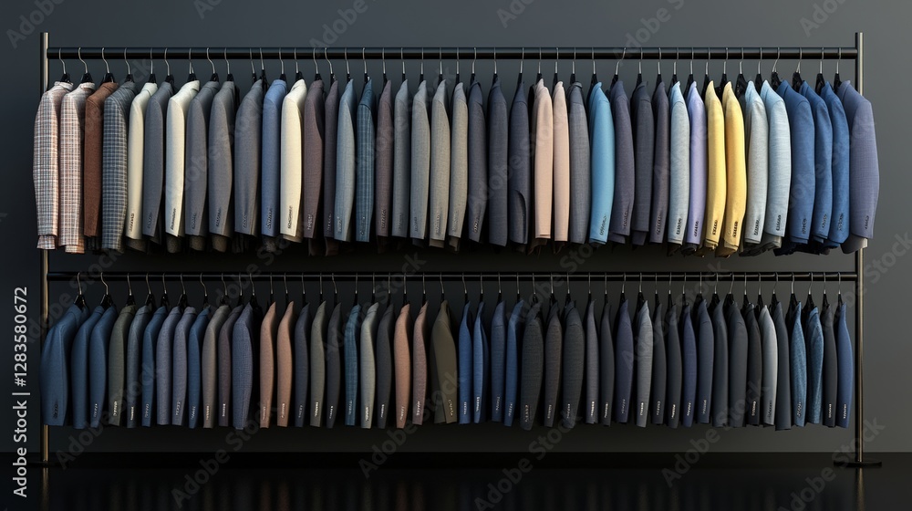 Diverse men's suit collection modern retail store fashion display minimalist environment eye-level view tailored elegance