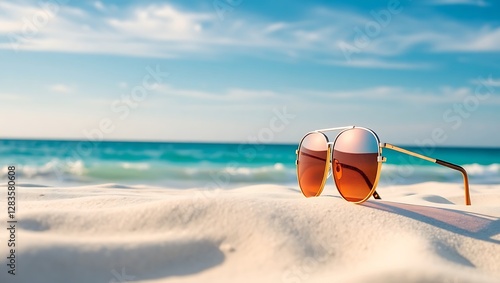 Stylish Sunglasses on Sandy Beach with Ocean View and Blue Sky – Perfect Summer Vibes