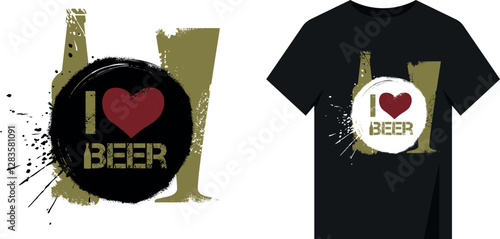 Design for t-shirt print, for bar, poster, beer bottle, glass, brush drawing. Vector design in watercolor style, paint splashes