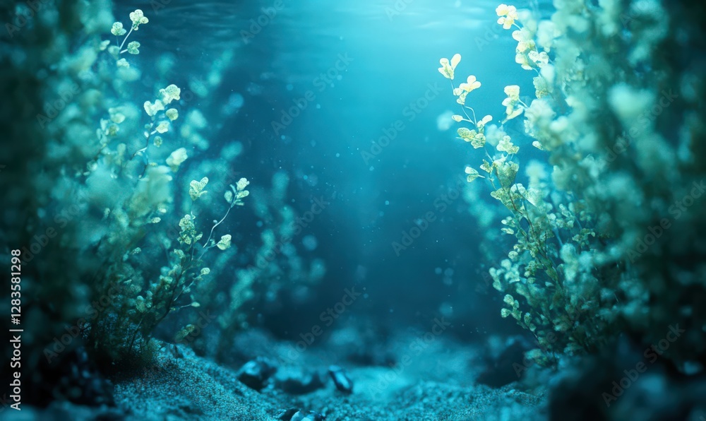 Obraz premium Glowing Underwater Flora on Sandy Seabed