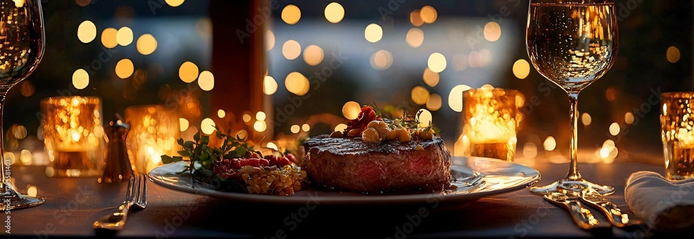 Romantic New Year's Eve dinner for two. Gourmet steak on elegant table with fairy lights, lakeside view. Ideal for luxury restaurant ads, holiday banners, and special occasion promotions. Romantic New Year's Eve dinner for two. Gourmet steak on elegant table with fairy lights, lakeside view. Ideal for luxury restaurant ads, holiday banners, and special occasion promotions.