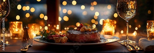 Romantic New Year's Eve dinner for two. Gourmet steak on elegant table with fairy lights, lakeside view. Ideal for luxury restaurant ads, holiday banners, and special occasion promotions.