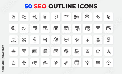 SEO outline icons featuring tools and concepts for web and marketing development. Perfect for digital presentations, websites, and graphic design. Icons are modern and minimalist
