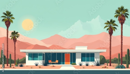 Illustration of Palm Springs mid-century modern architecture against desert landscape. Sleek lines, minimalism, retro-futuristic design. Palm trees, cacti frame building. Iconic 1950s aesthetic for