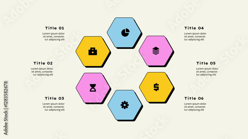 Neobrutalism infographic layout featuring interconnected hexagons with icons, ideal for business or process presentation purposes. Cycle diagram with 6 options, steps or processes