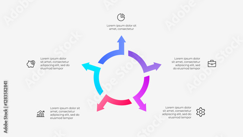 Illustration of a circular infographic with 5 arrows. Modern design with minimalist style highlighting key business ideas