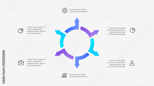 Illustration of a circular infographic with 6 arrows. Modern design with minimalist style highlighting key business ideas