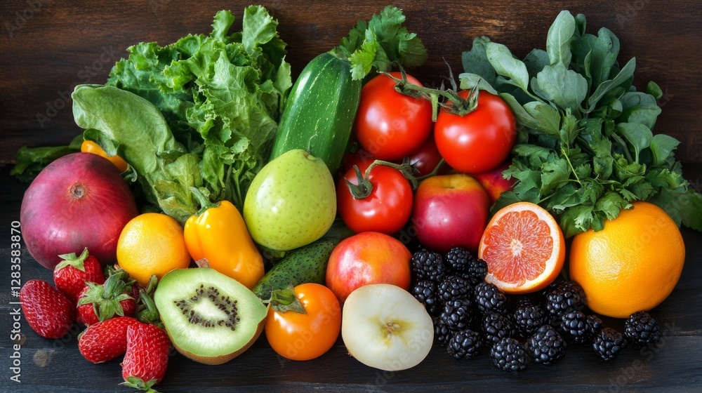 Diverse Harvest Of Fresh Fruits And Vegetables On Dark Wooden Surface Showing Healthy Natural Food Diverse Harvest Of Fresh Fruits And Vegetables On Dark Wooden Surface Showing Healthy Natural Food