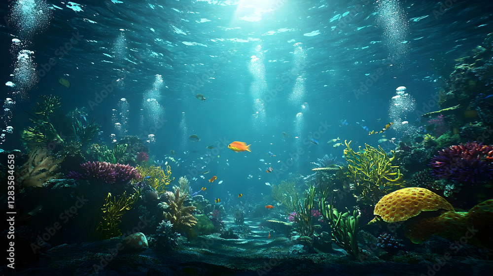 Naklejka premium Pixelated Underwater Scene with Coral Reefs and Diverse Aquatic Life