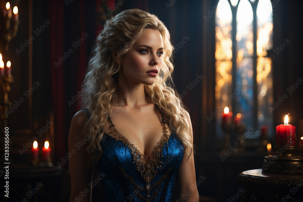 Blonde Noblewoman in a Candlelit Castle: A Regal Medieval Portrait. Blonde Noblewoman in a Candlelit Castle: A Regal Medieval Portrait.