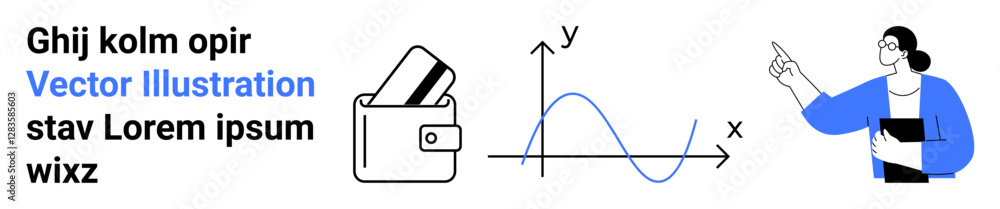 Wallet with cards, line graph with axes, person pointing at the chart, placeholder text. Ideal for finance, data analysis, budgeting, business strategy, economics presentations educational Wallet with cards, line graph with axes, person pointing at the chart, placeholder text. Ideal for finance, data analysis, budgeting, business strategy, economics presentations educational