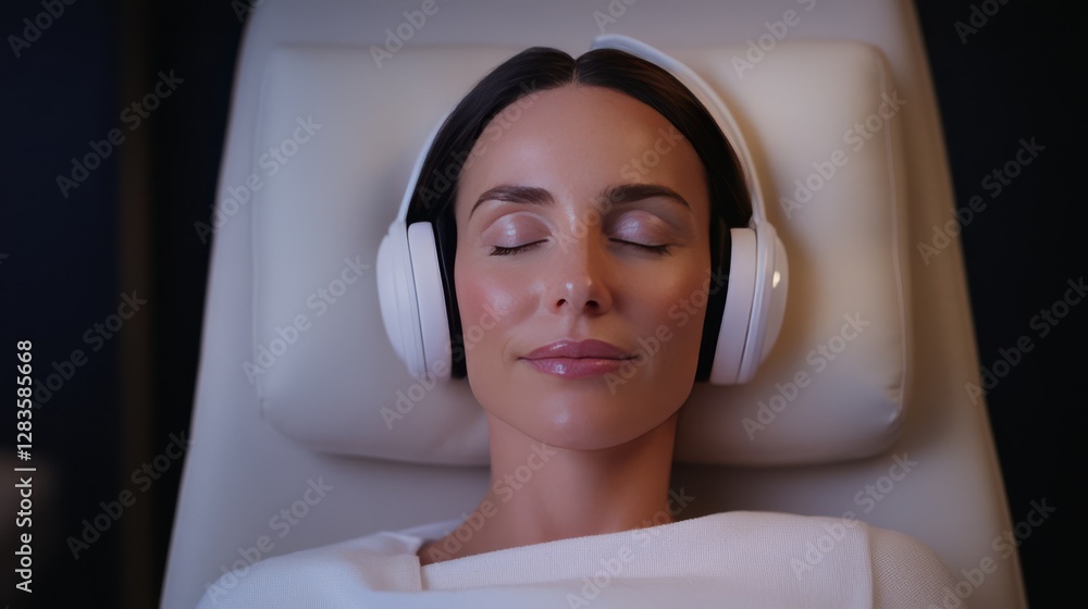 a person sitting in a comfortable chair, wearing headphones, they seem to be asleep. They're listening to a hypnotherapy audio session. a person sitting in a comfortable chair, wearing headphones, they seem to be asleep. They're listening to a hypnotherapy audio session.