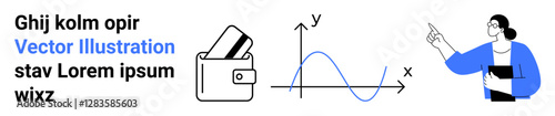 Wallet with cards, line graph with axes, person pointing at the chart, placeholder text. Ideal for finance, data analysis, budgeting, business strategy, economics presentations educational