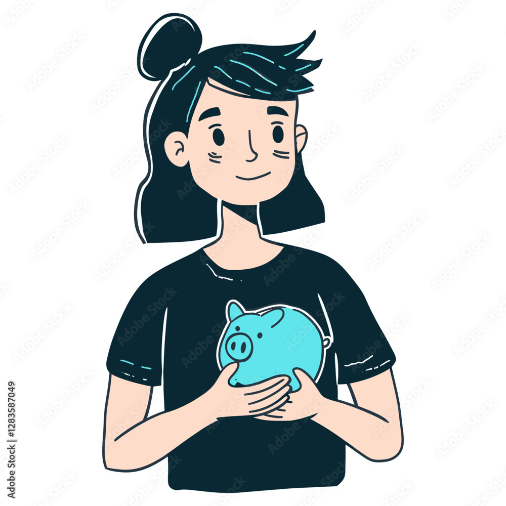 Women holding piggy bank cartoon woman blue vector Women holding piggy bank cartoon woman blue vector