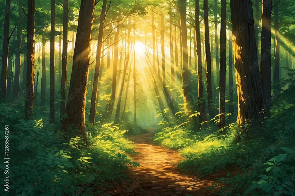 Fototapeta premium Misty woodland with Forest Green foliage, golden sunlight beams, magical atmosphere in anime style