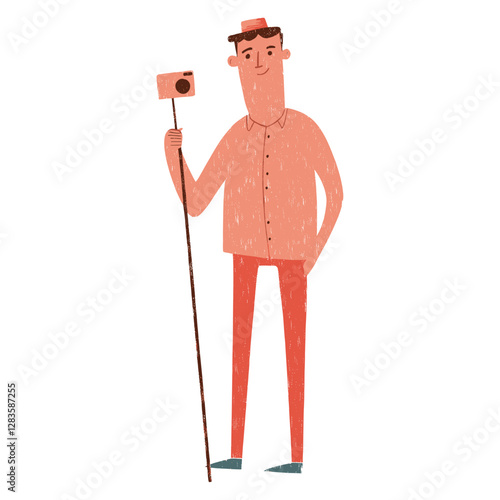 Man holding stick camera selfie people person illustration vector