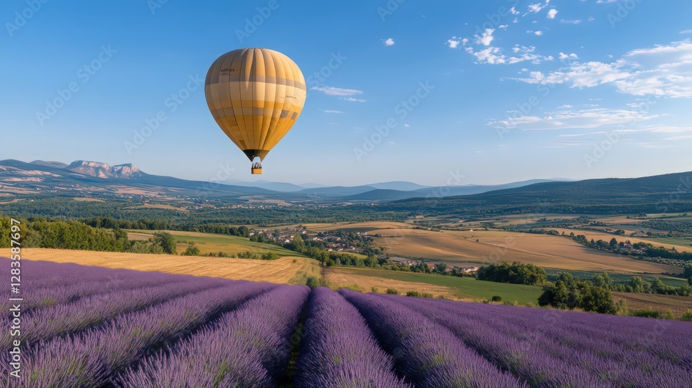 Obraz premium Hot Air Balloon Soaring Over Lavender Fields Under a Summer Sky