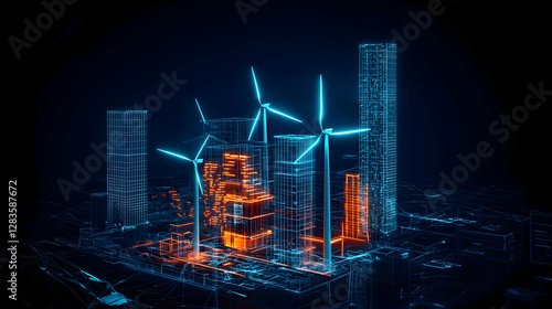 Wallpaper Mural Digital Cityscape Illuminated By Wind Turbines and Glowing Lights in Futuristic Blue and Orange Colors Torontodigital.ca