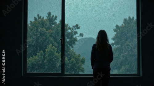 A lonely silhouette of a person standing by a rain-streaked window, melancholic mood,isolation, loneliness, alone	
