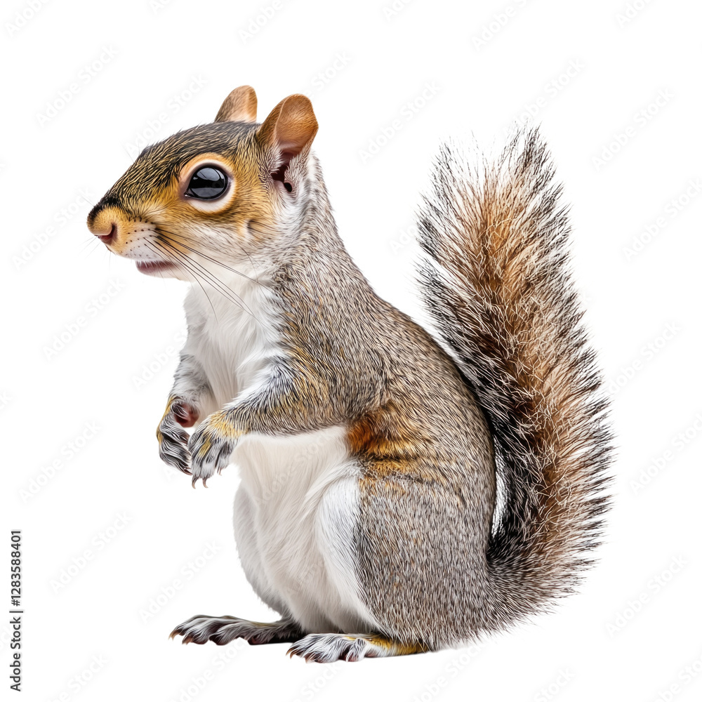 Squirrel standing upright with bushy tail isolated on transparent background, PNG Squirrel standing upright with bushy tail isolated on transparent background, PNG