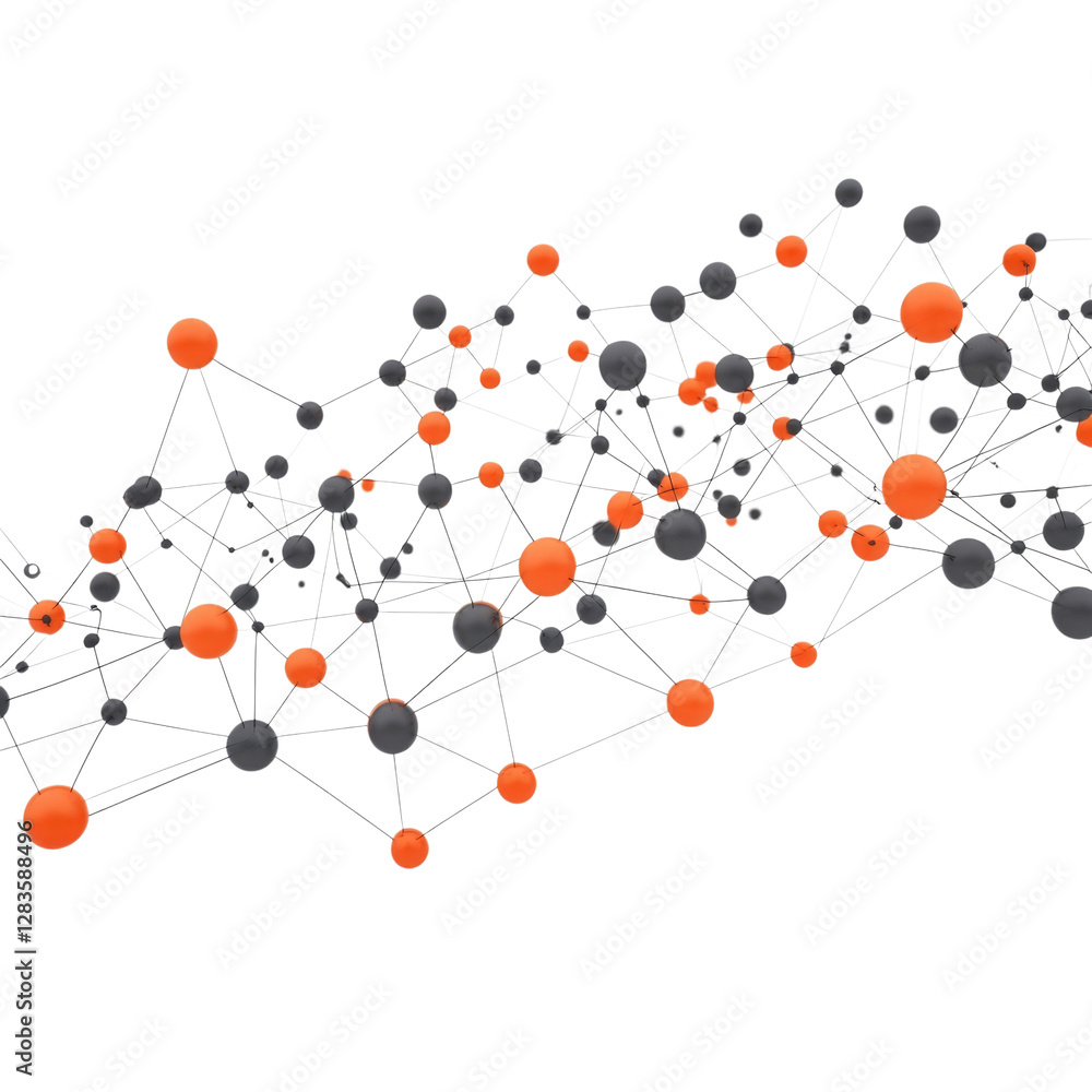 Network of interconnected spheres with black and orange nodes isolated on transparent background, PNG Network of interconnected spheres with black and orange nodes isolated on transparent background, PNG