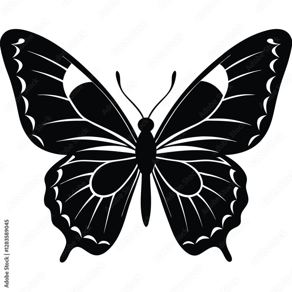 Vector illustration of butterfly on white background. There are two versions, black shape and black and white