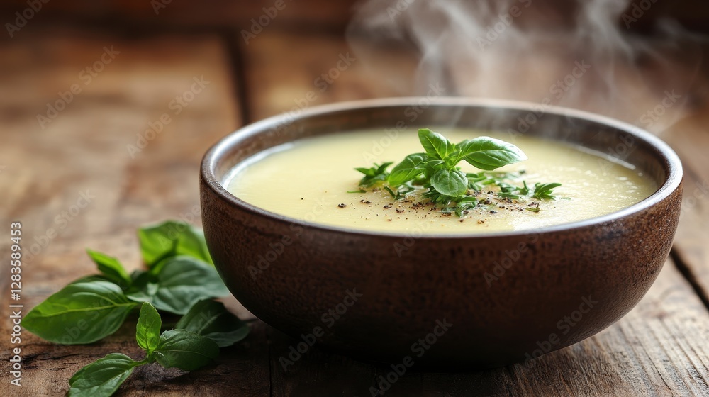 Steaming Cream Soup in Brown Bowl Garnished with Mint Leaves on Wooden Table Steaming Cream Soup in Brown Bowl Garnished with Mint Leaves on Wooden Table