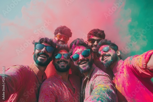 Holi Rangpanchmi Selfie of 5 friends, each wearing bright-colored kurtas, sunglasses on, their faces covered with gulal, as they happily take a selfie. The background has a vibrant mix of pink 