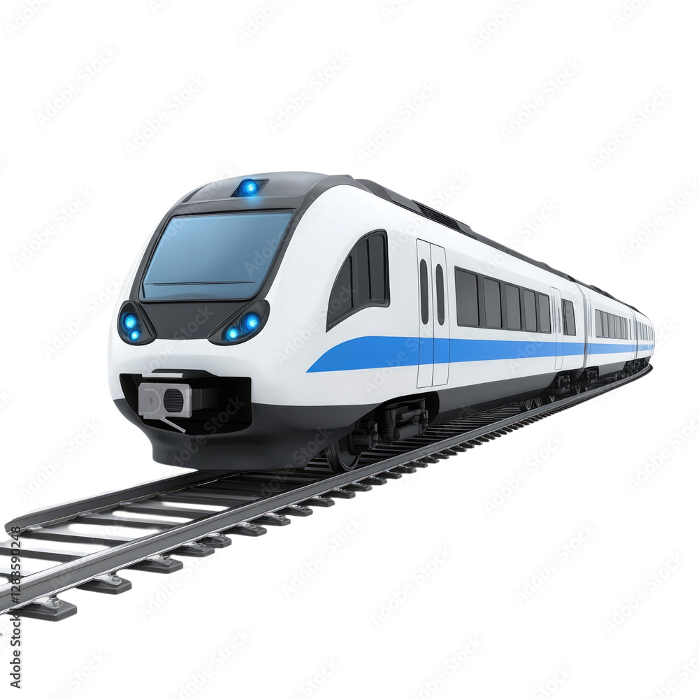 Fototapeta premium Modern high-speed train traveling on tracks in a bright environment isolated on transparent background, PNG