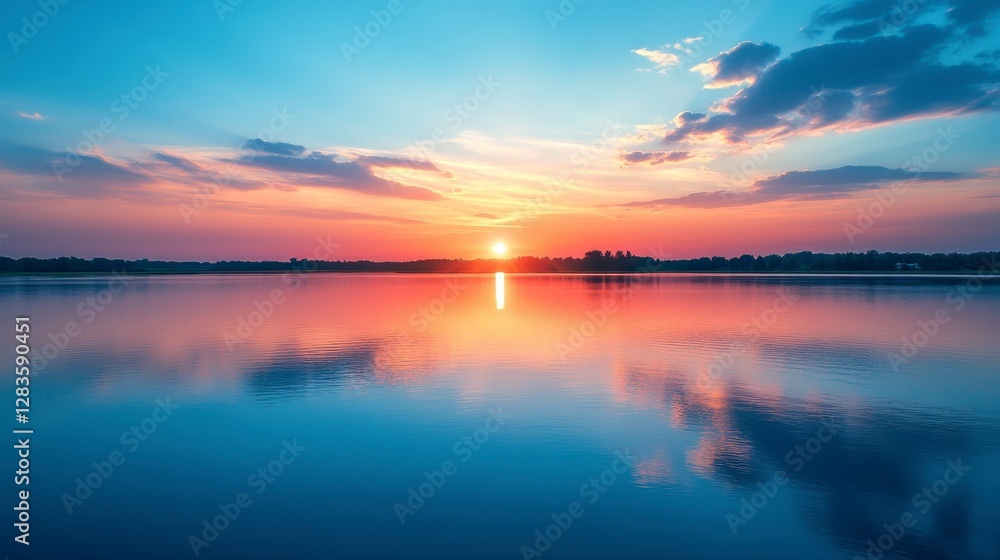 Vibrant Sunset Reflecting on Still Lake Waters Under Blue Sky with Clouds Landscape Vibrant Sunset Reflecting on Still Lake Waters Under Blue Sky with Clouds Landscape
