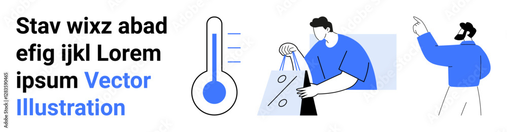Thermometer with rising levels, person carrying shopping bags, person pointing in blue attire. Ideal for temperature, shopping, direction, guidance, health ecommerce navigation. Landing page Thermometer with rising levels, person carrying shopping bags, person pointing in blue attire. Ideal for temperature, shopping, direction, guidance, health ecommerce navigation. Landing page