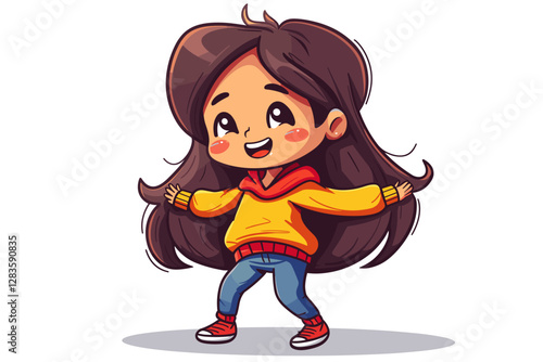 Cute little girl with long brown hair. Vector cartoon illustration.