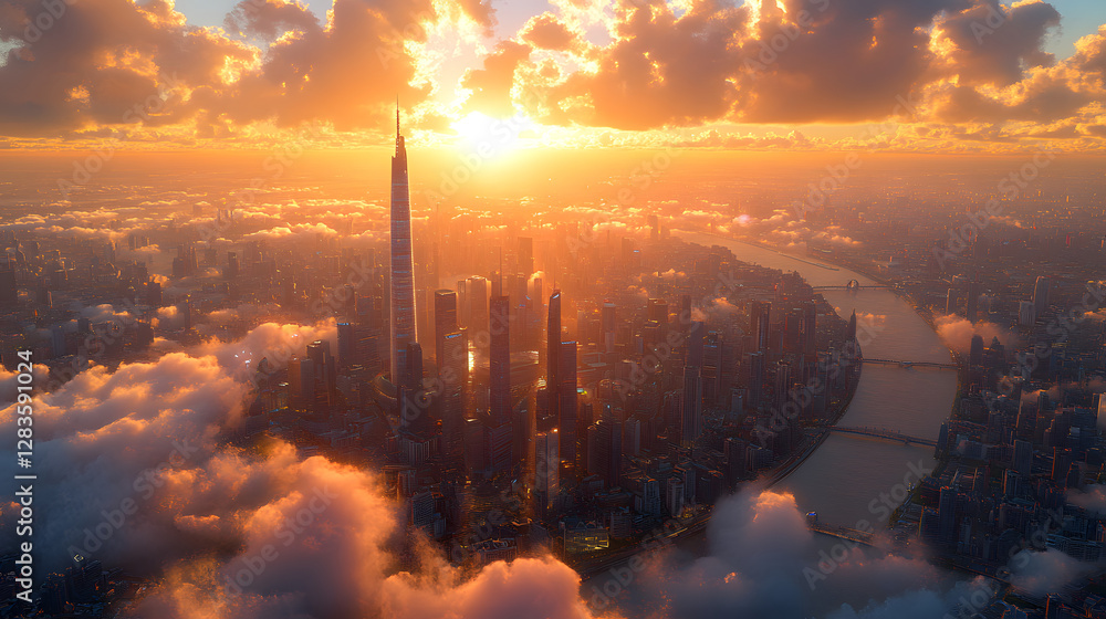 Obraz premium Cityscape at Dawn: A breathtaking aerial view captures a modern cityscape emerging from a sea of clouds at dawn, bathed in the warm glow of the sunrise.